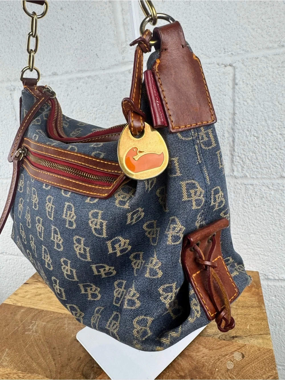 Dooney & Bourke Denim Monogram Hobo Shoulder Bag Leather Duck Charm Y2K